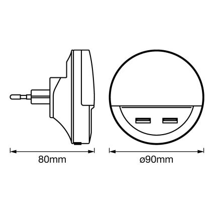 Ledvance - LED noćno svjetlo za utičnicu s senzorom LUNETTA 2xUSB LED/13W/230V