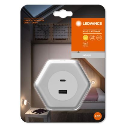 Ledvance - LED Orijentacijska svjetiljka za utičnicu s USB LUNETTA LED/15W/230V