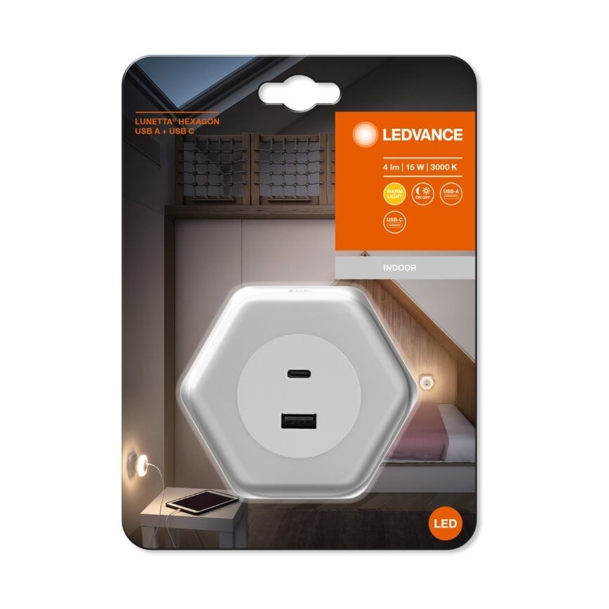 Ledvance - LED Orijentacijska svjetiljka za utičnicu s USB LUNETTA LED/15W/230V