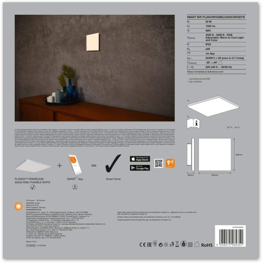 Ledvance - LED RGB+TW Prigušiva stropna svjetiljka SMART+ FRAMELESS LED/20W/230V 3000K-6500K Wi-Fi