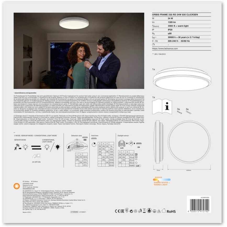 Ledvance - LED stropna svjetiljka s senzorom ORBIS LED/24W/230V 3000K