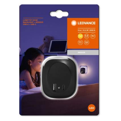 Ledvance - LED noćna svjetiljka za utičnicu sa senzorom i USB LUNETTA LED/12,5W/230V 3000K crna