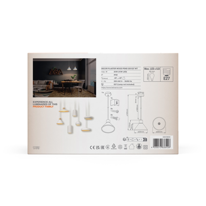 Ledvance - Luster na sajli DECOR PLASTER 1xE27/25W/230V pr. 22 cm gips bijela
