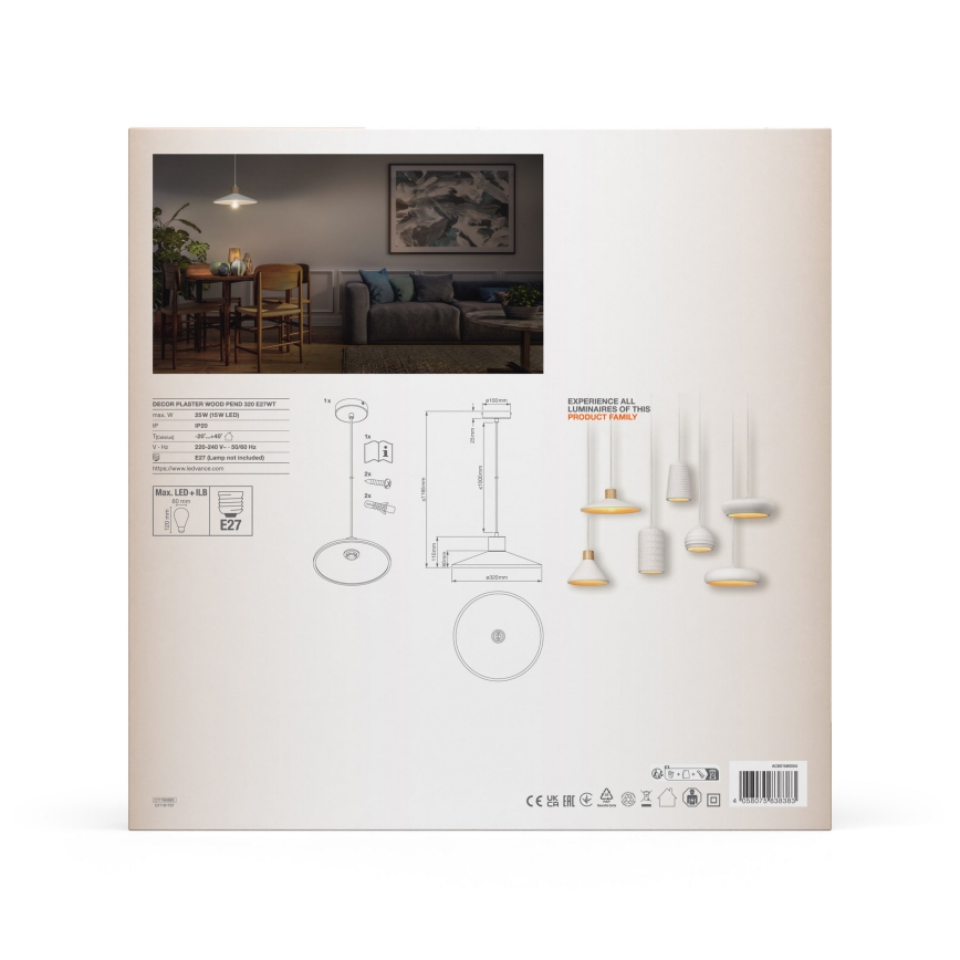 Ledvance - Luster na sajli DECOR PLASTER 1xE27/25W/230V pr. 32 cm gips bijela