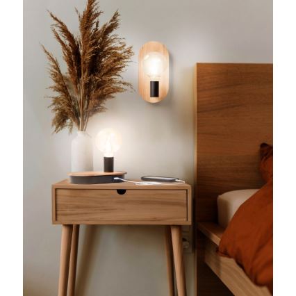 Ledvance - Stolna lampa s dodirnim zaslonom i USB priključkom DECOR WOOD 1xE27/8W/230V guma drvo