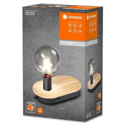 Ledvance - Stolna lampa s dodirnim zaslonom i USB priključkom DECOR WOOD 1xE27/8W/230V guma drvo