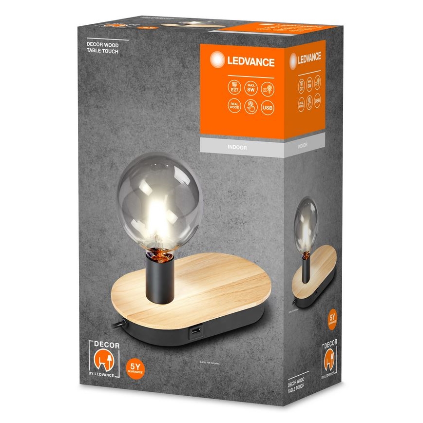 Ledvance - Stolna lampa s dodirnim zaslonom i USB priključkom DECOR WOOD 1xE27/8W/230V guma drvo