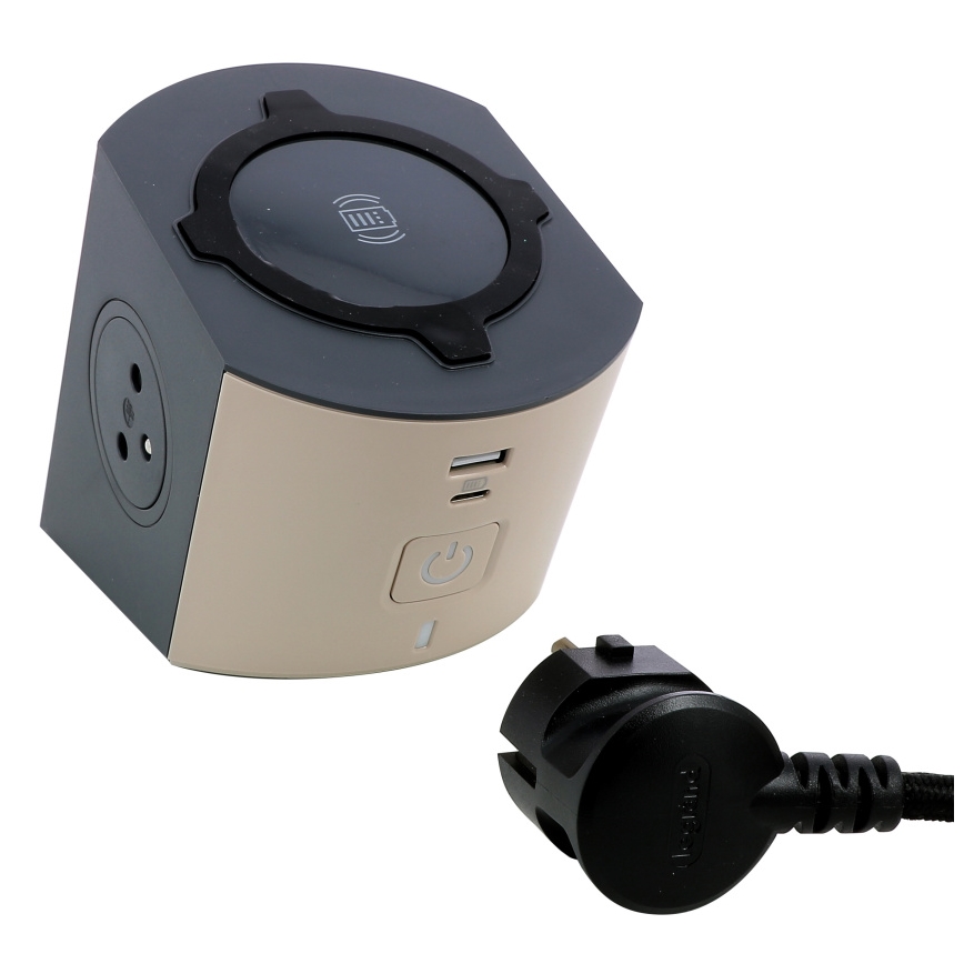 Legrand 049402 - Razdjelna utičnica s prekidačem 2U Tip E + USB-A + USB-C i bežičnim punjenjem 10W 2m smeđa