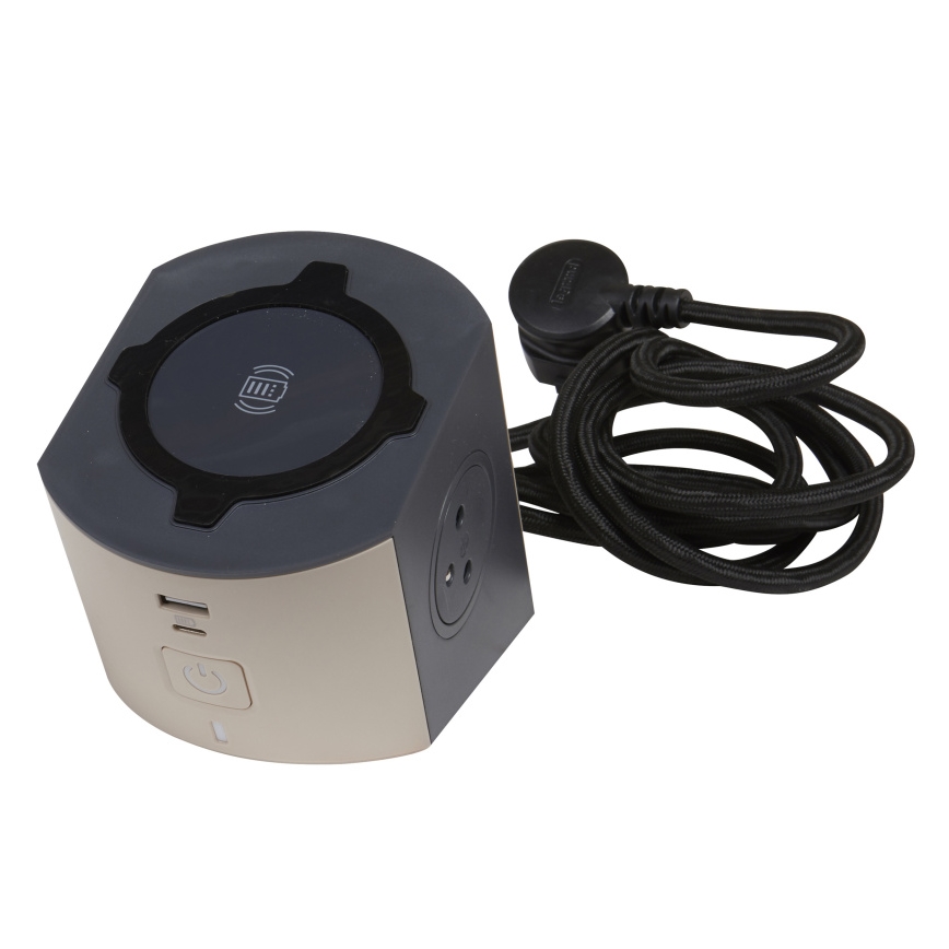 Legrand 049402 - Razdjelna utičnica s prekidačem 2U Tip E + USB-A + USB-C i bežičnim punjenjem 10W 2m smeđa