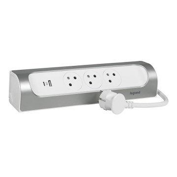 Legrand 049406 - Produžni kabel, 3 utičnice, tip E + USB-A + USB-C, 1 m, srebrni/bijeli