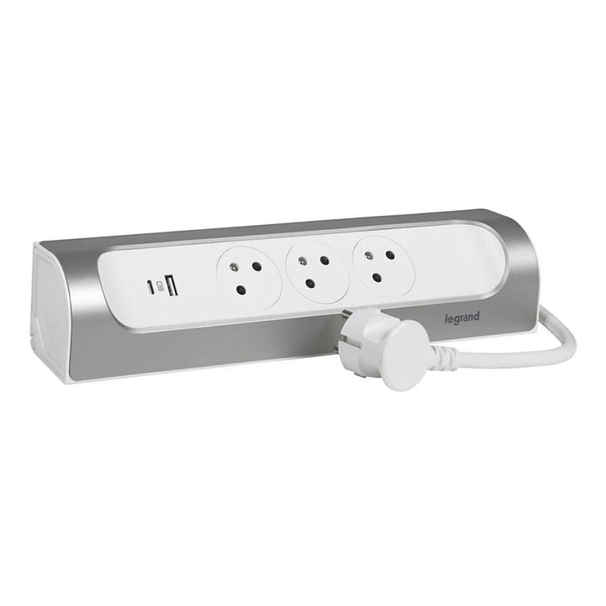Legrand 049406 - Produžni kabel 3U Tip E + USB-A + USB-C 1m srebrna/bijela