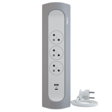 Legrand 049406 - Produžni kabel 3U Tip E + USB-A + USB-C 1m srebrna/bijela