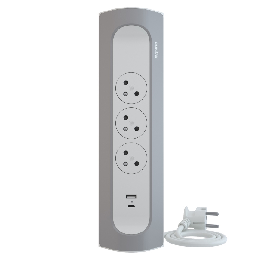 Legrand 049406 - Produžni kabel 3U Tip E + USB-A + USB-C 1m srebrna/bijela