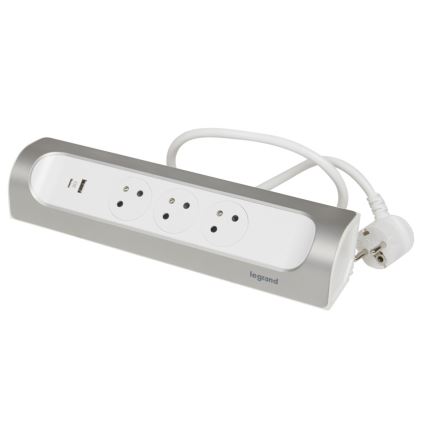 Legrand 049406 - Produžni kabel 3U Tip E + USB-A + USB-C 1m srebrna/bijela