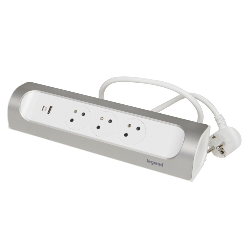 Legrand 049406 - Produžni kabel 3U Tip E + USB-A + USB-C 1m srebrna/bijela