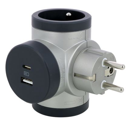 Legrand 049439 - Razdjelna utičnica rotirajuća 2U Tip E + USB-A + USB-C srebrna/crna