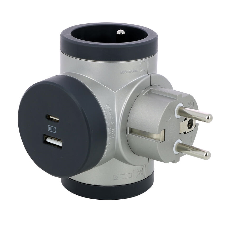 Legrand 049439 - Rotirajuća razvodna utičnica 2Z Tip E + USB-A + USB-C srebrna/crna