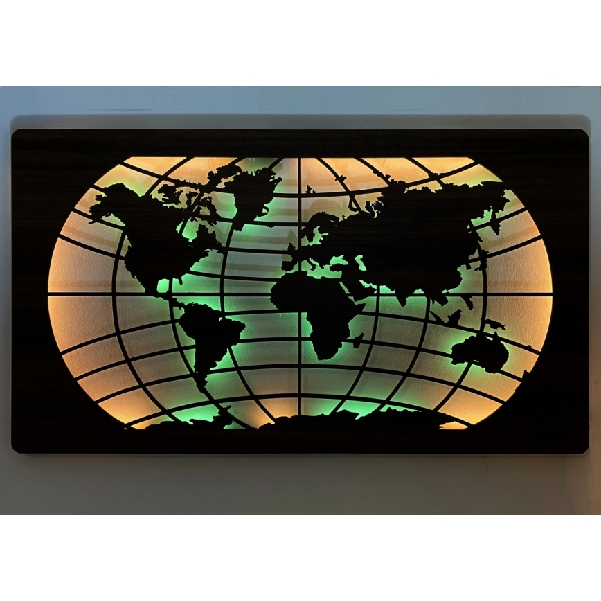 Li-Go 4709/DUB2 - LED RGBW zidna dekoracija s mogućnošću prigušivanja LED/24W/230V 125x74 cm hrast/karta svijeta s paralelama + daljinski upravljač