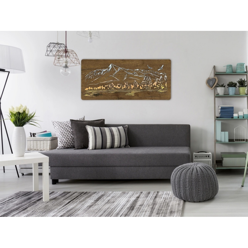 Li-Go 5589/A/DUB2 - LED Zidna dekoracija s mogućnošću prigušivanja LED/10W/5V 30000 mAh 110x50 cm hrast/Planine s pticama