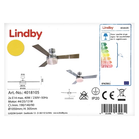 Lindby - Stropni ventilator ALVIN 2xE14/40W/230V + daljinski upravljač