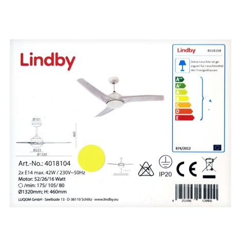 Lindby - Stropni ventilator EMANUEL 2xE14/42W/230V + daljinski upravljač