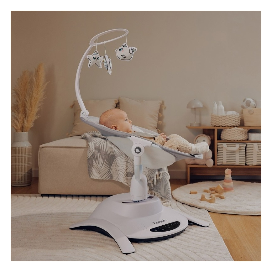 Lionelo - Dječja ljuljačka BELLA Grey Concrete s melodijom + daljinski upravljač