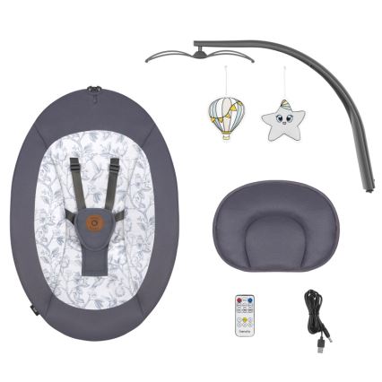 Lionelo - Dječja ljuljačka s melodijom RALF 4xAA siva/bijela + daljinski upravljač