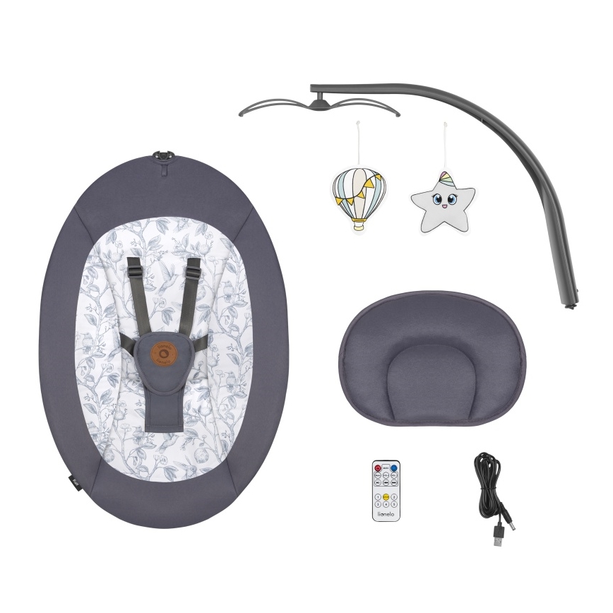 Lionelo - Dječja ljuljačka s melodijom RALF 4xAA siva/bijela + daljinski upravljač