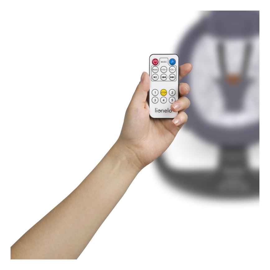 Lionelo - Dječja ljuljačka s melodijom RALF 4xAA siva/bijela + daljinski upravljač