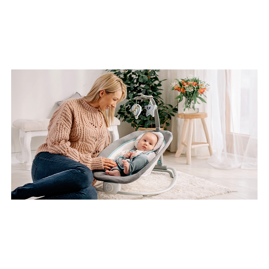 Lionelo - Dječja vibrirajuća ljuljačka s melodijom PASCAL 2xAA siva/tirkizna