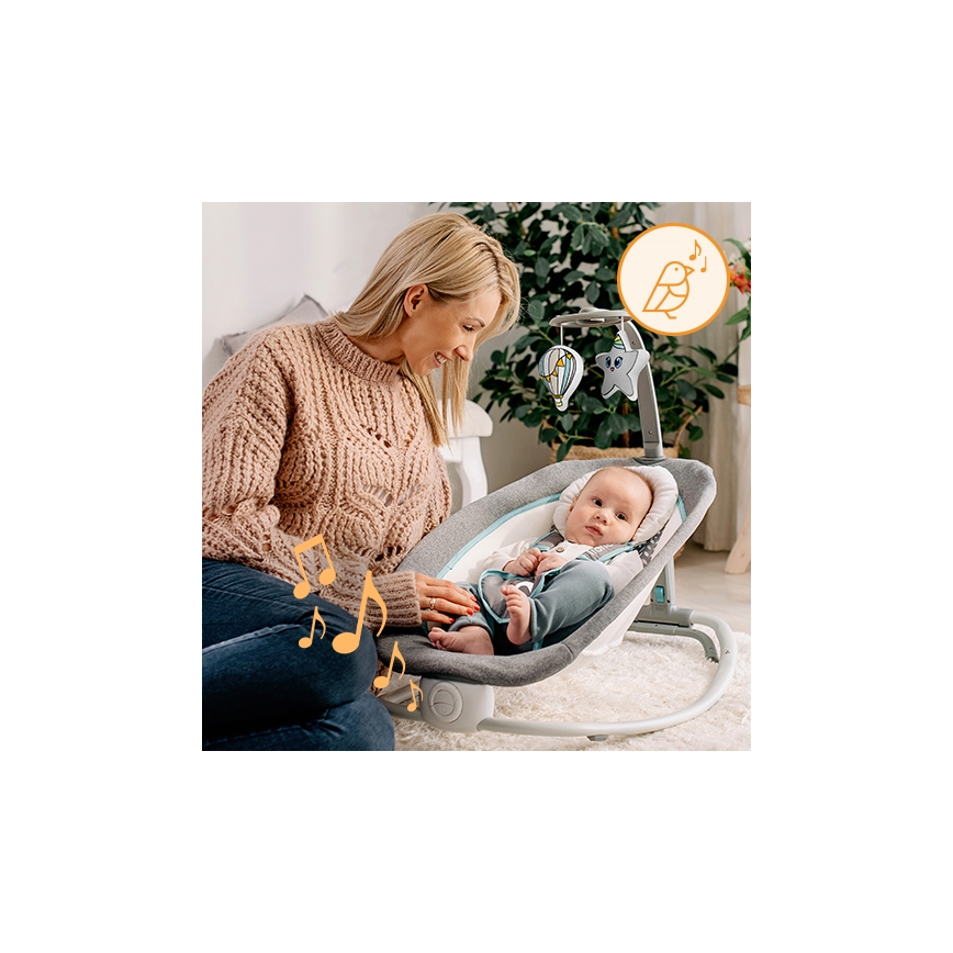 Lionelo - Dječja vibrirajuća ljuljačka s melodijom PASCAL 2xAA siva/tirkizna