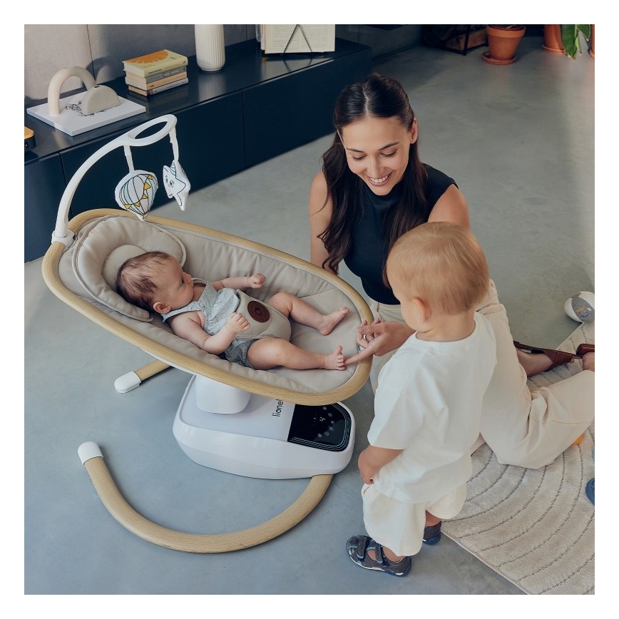 Lionelo - Ljuljačka za bebe s melodijom OLIVIA Beige Natural + daljinsko upravljanje