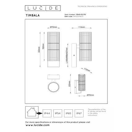 Lucide 11840/02/30 - Vanjsko zidno svjetlo TIMBALA 1xGU10/7W/230V IP44