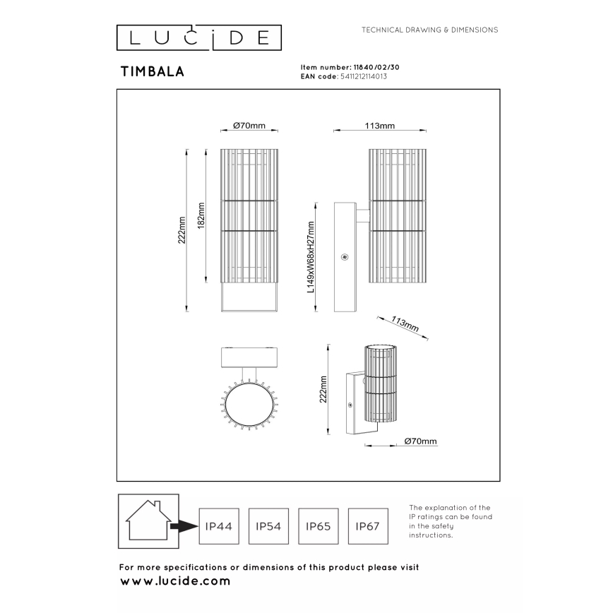 Lucide 11840/02/30 - Vanjsko zidno svjetlo TIMBALA 1xGU10/7W/230V IP44