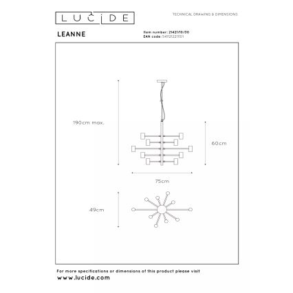 Lucide 21421/10/30 - Viseći luster na kablu LEANNE 10xE27/40W/230V