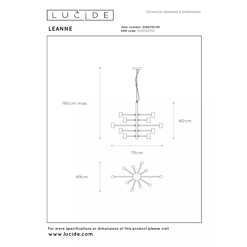 Lucide 21421/10/30 - Viseći luster na kablu LEANNE 10xE27/40W/230V