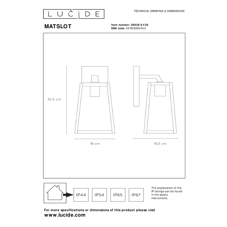 Lucide 29829/01/30 - Vanjska zidna svjetiljka MATSLOT 1xE27/40W/230V IP23