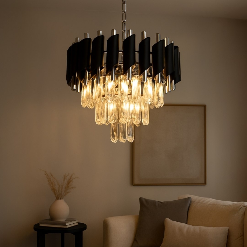 Luster na lancu CRISTAL 5xE14/10W/230V, Ø 38 cm, crni/matni krom