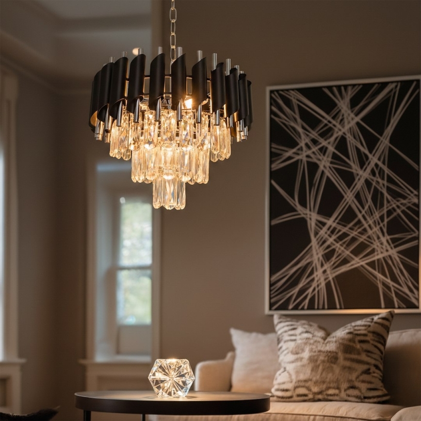 Luster na lancu CRISTAL 5xE14/10W/230V, Ø 38 cm, crni/matni krom