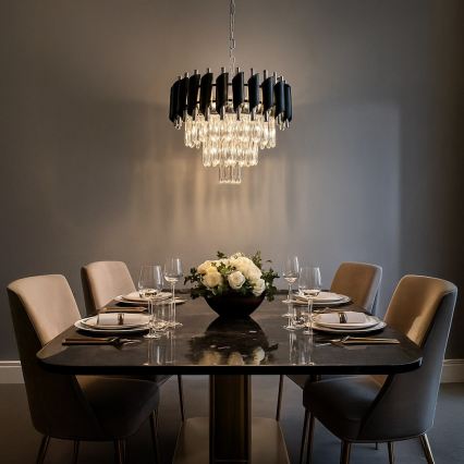 Luster na lancu CRISTAL 5xE14/10W/230V, Ø 38 cm, crni/matni krom