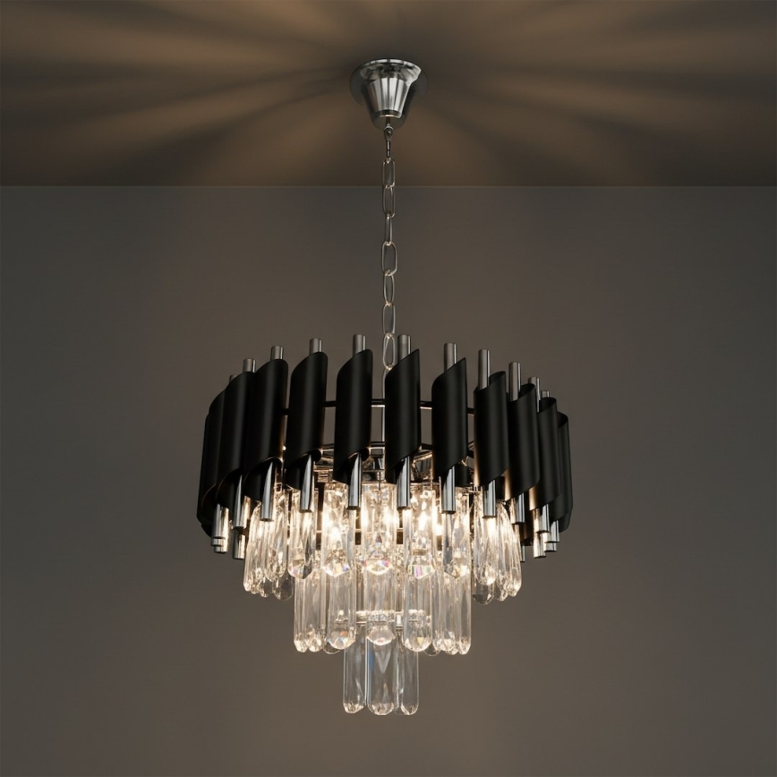 Luster na lancu CRISTAL 5xE14/10W/230V, Ø 38 cm, crni/matni krom