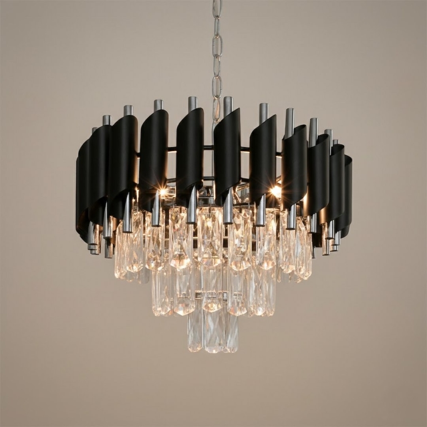 Luster na lancu CRISTAL 5xE14/10W/230V, Ø 38 cm, crni/matni krom