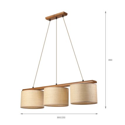Luster na sajli AIDA 3xE27/15W/230V Ø 25 cm hrast/rafija