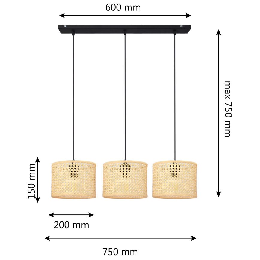 Luster na sajli ALBA 3xE27/15W/230V ratan/crna