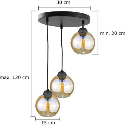 Luster na sajli AMBRE BLACK 3xE27/60W/230V pr. 30 cm