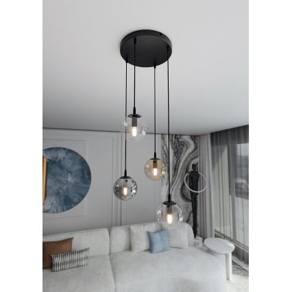Luster na sajli COSMO 4xE14/10W/230V pr. 40 cm crna/siva/bež/prozirna