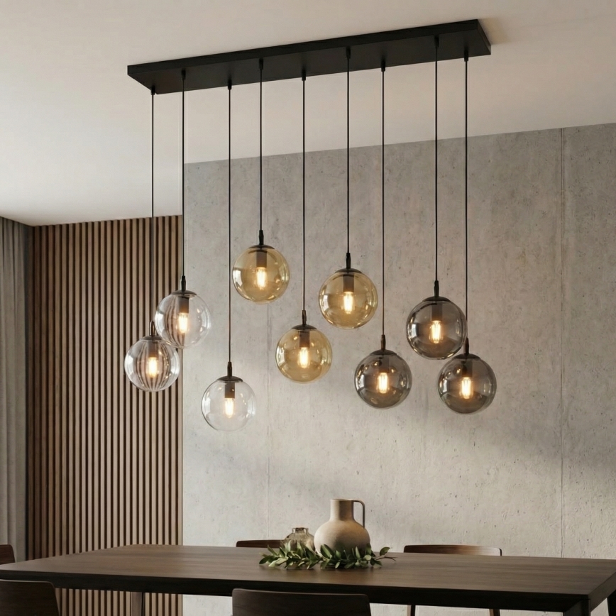 Luster na sajli COSMO 9xE14/10W/230V crna/siva/bež/prozirna