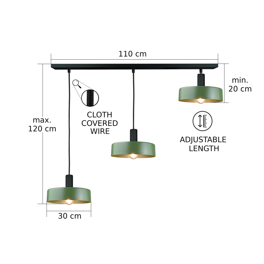 Luster na sajli HAKI 3xE27/60W/230V zelena/crna