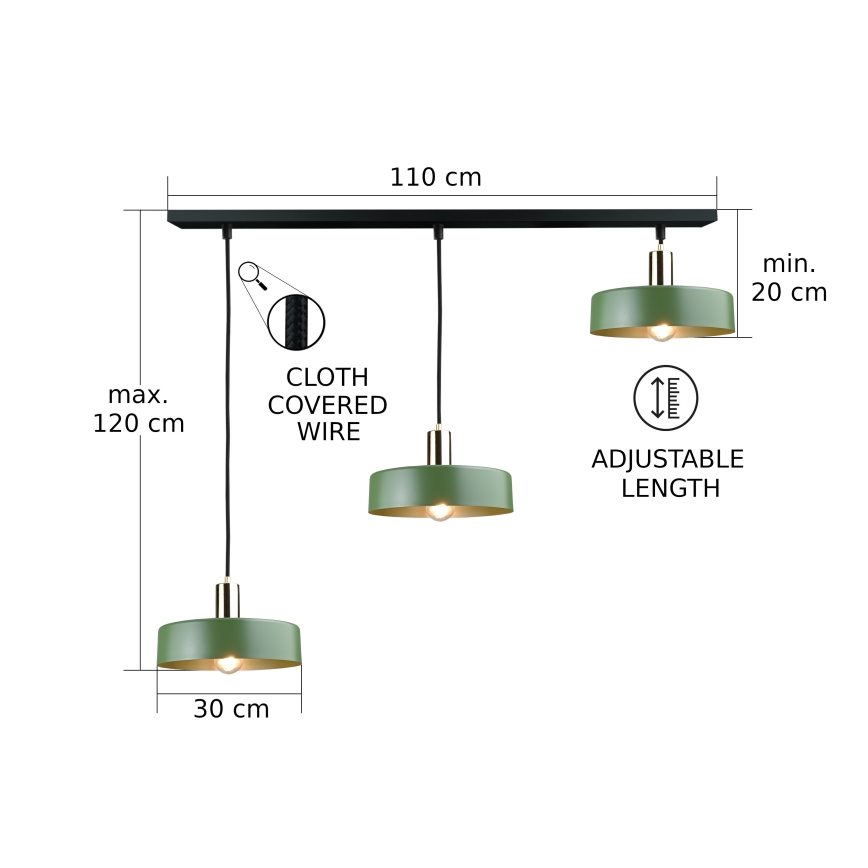 Luster na sajli HAKI 3xE27/60W/230V zelena/crna/sjajni krom