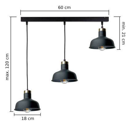 Luster na sajli HEBE 3xE27/60W/230V crna